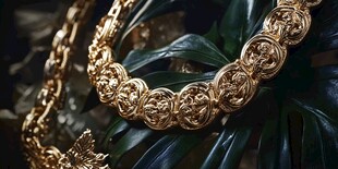 奢华金项链置于绿叶之上