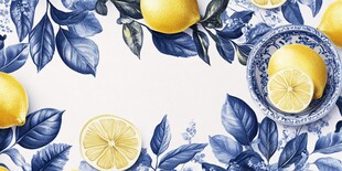 蓝白柠檬花卉装饰图案