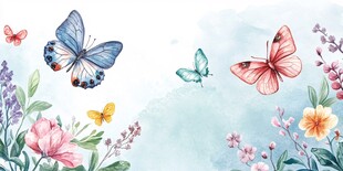 水彩绘蝶舞繁花之景