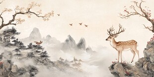瑞鹿栖山景 飞鸟伴春光