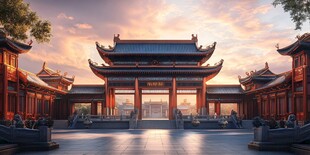 夕阳下的中式古典建筑庭院