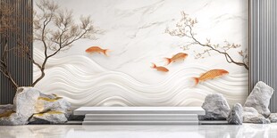 中式水墨风锦鲤山水背景墙