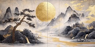 金色山水墨韵中式风景画