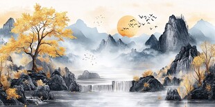 秋日山水间飞鸟落日景致