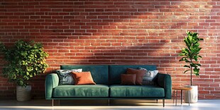 砖墙前的舒适绿植沙发区