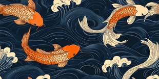 锦鲤游弋于海浪间的图景