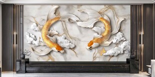 中式浮雕双锦鲤电视背景墙