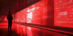 男子伫立红屏前的科技场景