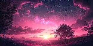 梦幻粉紫星空下的静谧原野