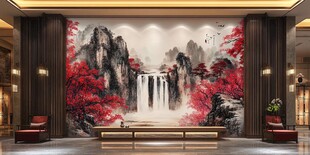 中式山水瀑布客厅背景墙