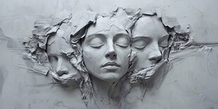 三张面容交错的雕塑艺术