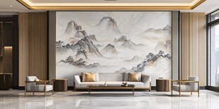 中式客厅水墨山水壁画装饰