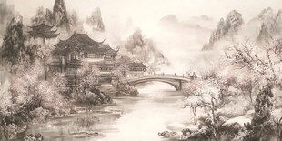 水墨山水间的古韵楼阁