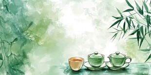 水墨风茶具与翠竹意境图