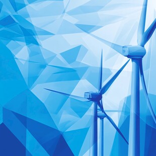 蓝色几何背景下的风力发电机