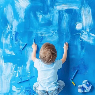 小孩专注于墙面涂鸦瞬间