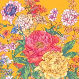 缤纷花卉绘于明亮黄背景