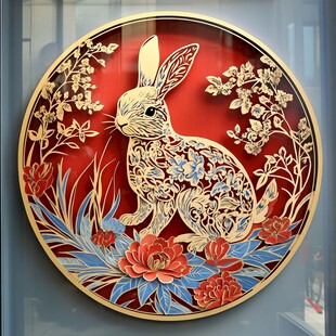 中式雕花金兔花卉装饰画
