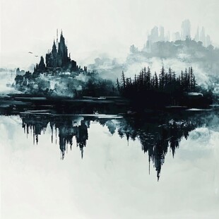 水墨风梦幻城堡湖畔景象