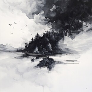 水墨山水间的飞鸟与孤屿