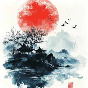 水墨江山红月飞鸟图