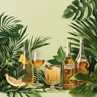 热带绿植中的精致美酒