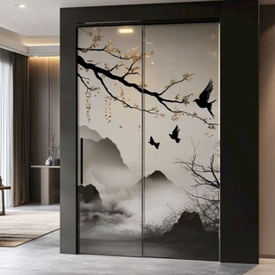 中式山水花鸟玻璃移门