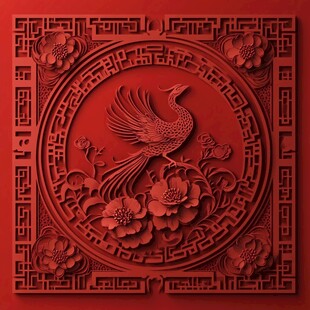 中式红雕凤凰花卉装饰图案
