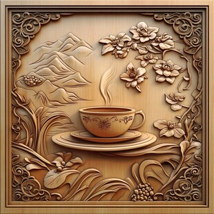 中式木雕茶杯花卉山水图