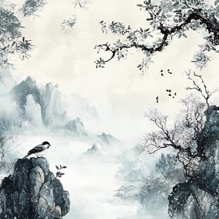 水墨山水间的孤鸟静景