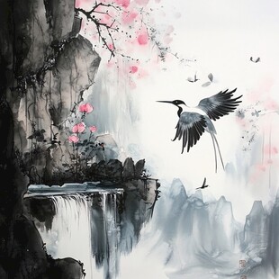 水墨山水间飞鸟伴花景