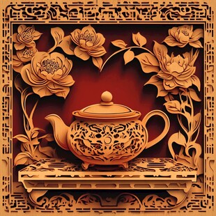 中式雕花茶壶与花卉装饰