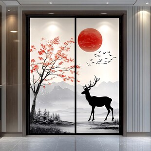 中式麋鹿红日移门装饰画