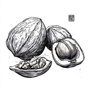 手绘核桃图 完整与剥开形态