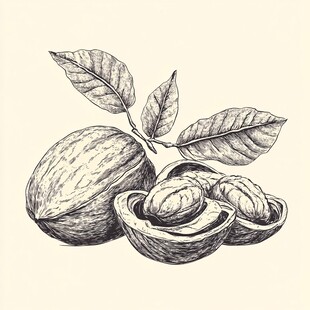 手绘核桃及枝叶细节图