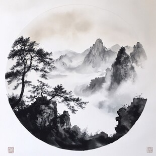 水墨山水圆景图