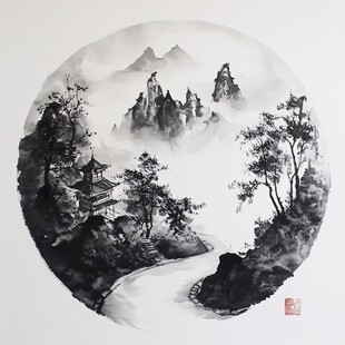 水墨山水圆景图