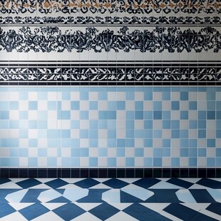 复古蓝白拼花瓷砖墙面地面