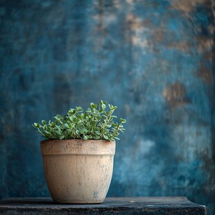 蓝墙前陶盆中的翠绿植物
