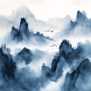 水墨山水间飞鸟伴云雾