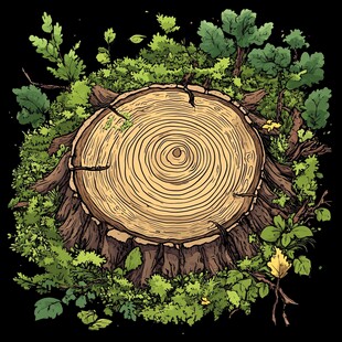 树桩与环绕的繁茂绿植