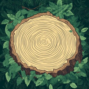 树桩横切面与周围绿叶图景