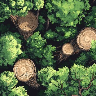 俯视森林中的砍伐树桩