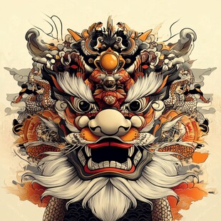 中式龙狮头图腾艺术插画