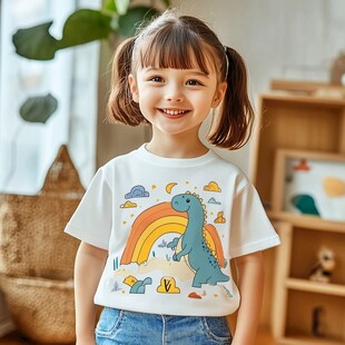 可爱小女孩穿着恐龙图案T恤