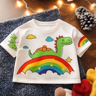 童趣恐龙图案儿童白色T恤