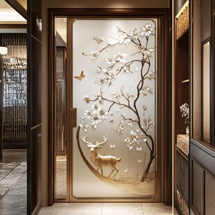 中式玄关玻璃上的花鸟鹿景