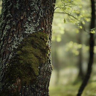树干上的翠绿苔藓特写