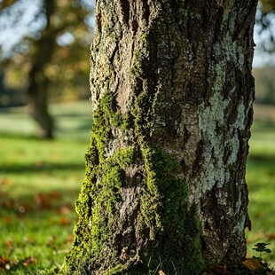树干上的翠绿苔藓特写