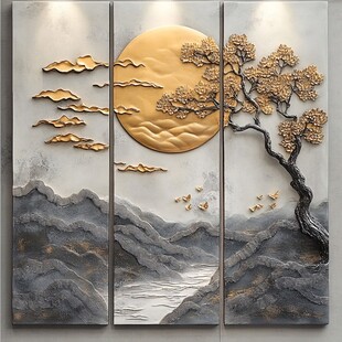 中式山水金月劲松装饰画